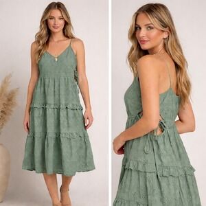 NWT Lulus Sage Green Eyelet Tiered Midi Dress Tie Sides Cutout Boho Cottagecore